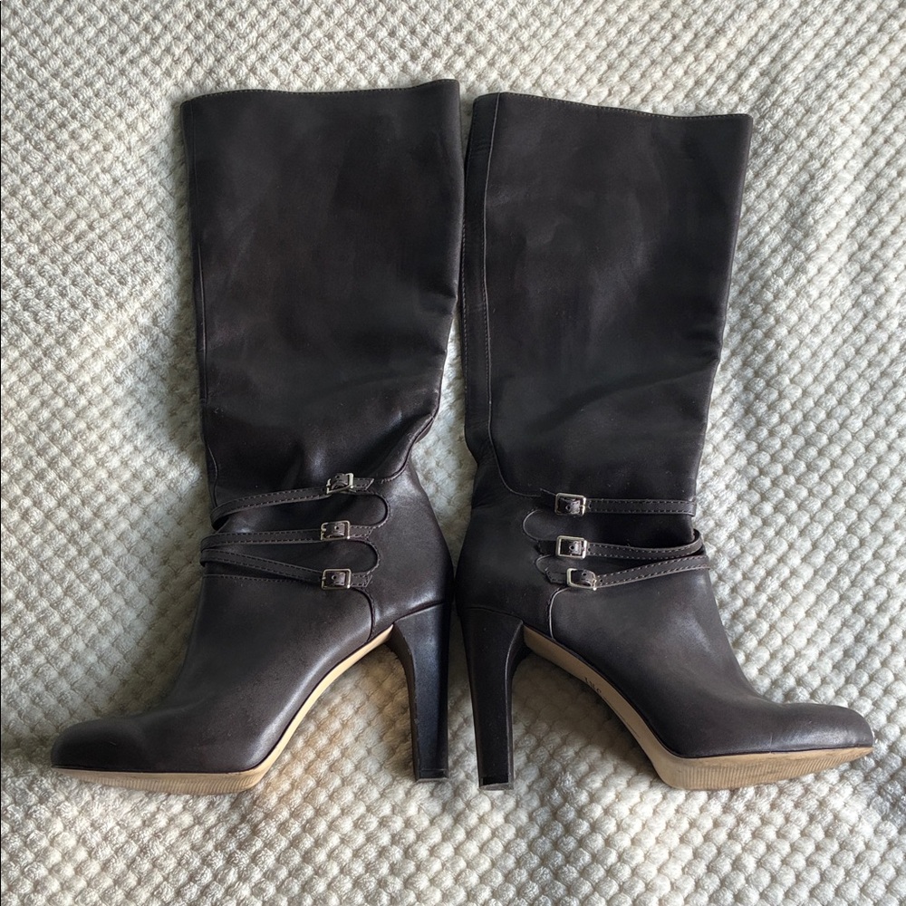 INC International Concepts Dark Brown 4” Heel Zip up Buckle up boots Size 10M